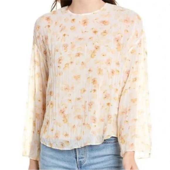VINCE Pressed Petal Blouse Yellow Floral Pleated Crinkle Semi Sheer Top Shirt L - Picture 3 of 14